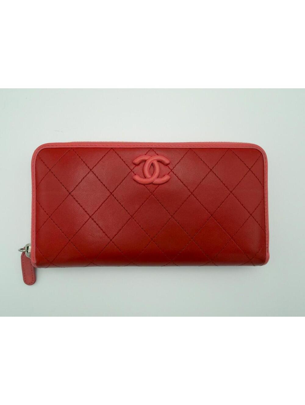 Rare Chanel Quilted CC Lambskin Zip Around Long Wallet Two Tone Red Pink COA